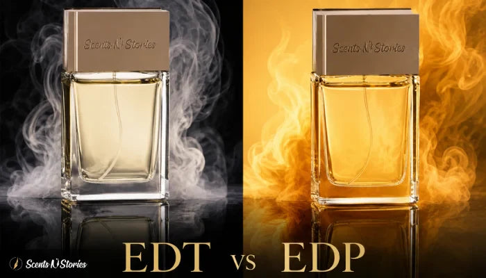 A side-by-side comparison banner highlighting EDP vs EDT fragrance types by Scents N Stories, showing one bottle surrounded by white smoke effects and an identical bottle enveloped in warm golden smoke.